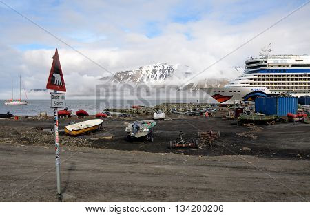Longyearbyen, Svalbard - JUNE 10. The AIDA Cruise ship, AIDAluna, in the harbor of Longyearbyen on June 10, 2016.