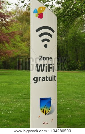 Evreux France - april 29 2016 : wifi free area sign in the Trangis castle park