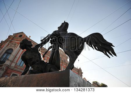 St. Petersburg, Russia, 7 September: Sculpture With A Horse On The Anichkov Bridge In St. Petersburg