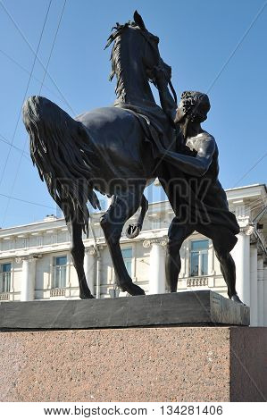 St. Petersburg, Russia, 7 September: Sculpture With A Horse On The Anichkov Bridge In St. Petersburg