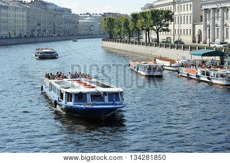 St. Petersburg, Russia, 7 September: Pleasure Ships Floating On The River Fontanka In St. Petersburg