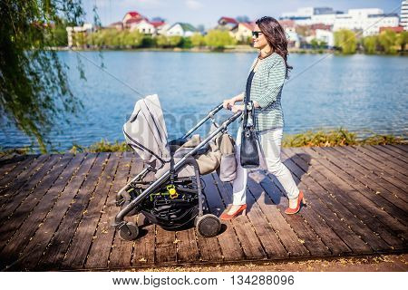 Happy, Beautiful Mother Walking Toddler In Urban Park With New Baby Stroller