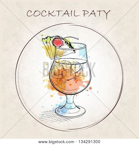 Cocktail Party booklet. Cocktail Maui Island Breeze with watercolor spots. A beach cocktail with perfect amount of sweet and tart flavor. Hand drawn vector illustration.