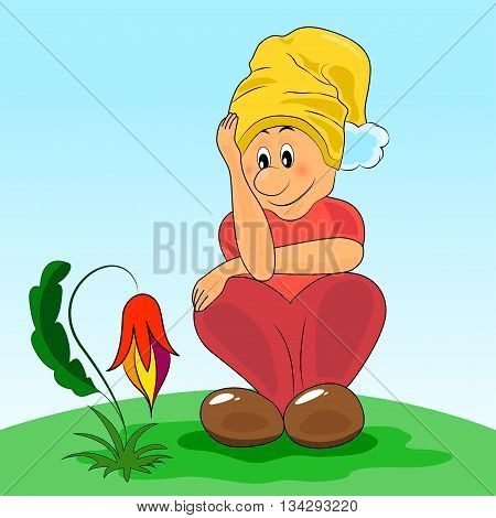 the image of a gnome which admires a flower