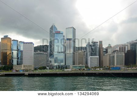 HONG KONG - NOV 9: Hong Kong Central Financial District skyscrapers, including Bank of China Tower, AIA Central, Cheung Kong Center, etc on Nov 9, 2015 in Hong Kong.