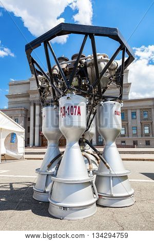 SAMARA RUSSIA - JUNE 12 2016: Space rocket engine RD-107A by the Corporation 