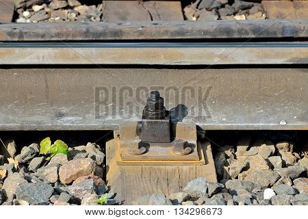 Rusty old rail and wooden ties closeup