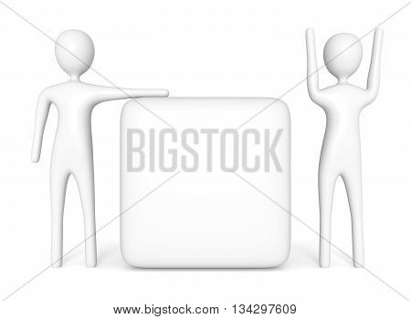 empty cube with two white 3d men 3d illustration