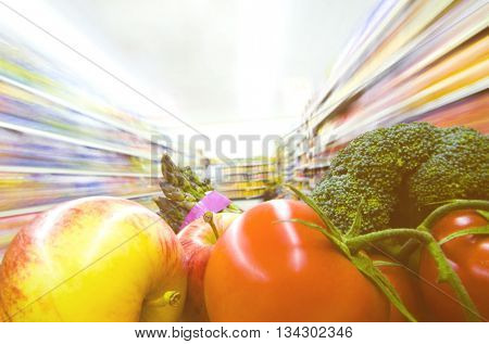 Fresh fruits and vegetables in a supermarket.