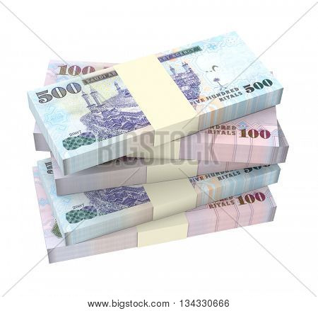 Saudi Arabia rials bills isolated on white background. 3D illustration.