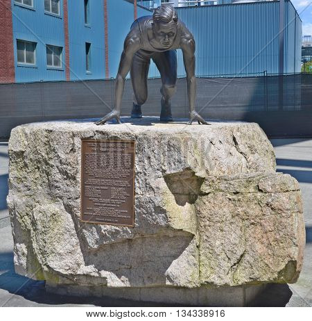VANCOUVER BC CANADA JUNE 27 2015: Statue of Percy Williams, runner, outside BC Place Stadium. Winner of the 100 m and 200 m races at the 1928 Summer in Amsterdam Netherlands.