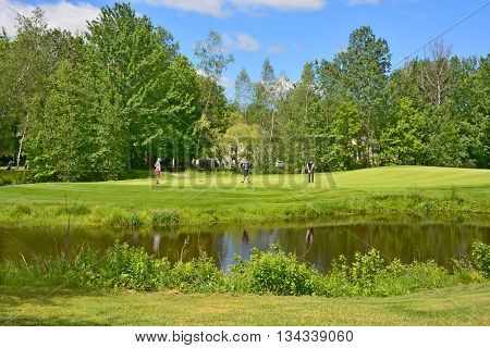 BROMONT QUEBEC CANADA 06 14 2016: Designed in 1992 by famous Graham Cooke, The Royal Bromont Golf Club offers an exceptional view of the surrounding mountains right in the heart of the City of Bromont