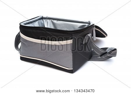 grey and black lunch pack carrier opened on a white background