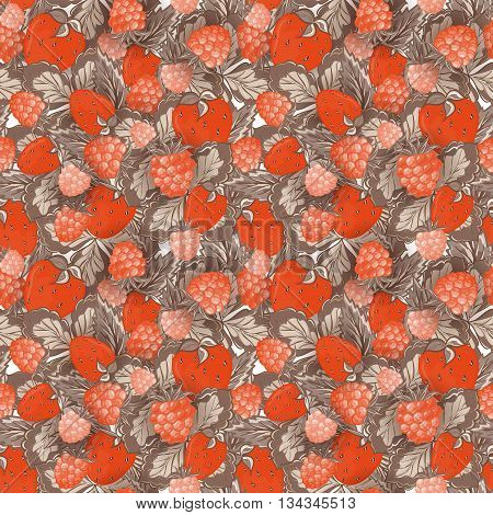 Natural organic berries seamless pattern with hand drawing strawberry and raspberry vector illustration. Orange brown background.