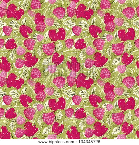 Natural organic berries seamless pattern with hand drawing strawberry and raspberry vector illustration. Pastel pink green background.