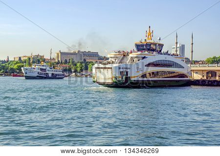 Istanbul Turkey - May 29 2016: The new ferry for Istanbul Kadikoy Pier. all designed by Turkish engineers manufactured in Ozata shipyard in Yalova and one of 3 million 373 thousand 500 euro cost of the ferry no balcony unlike the old ferry. The length of
