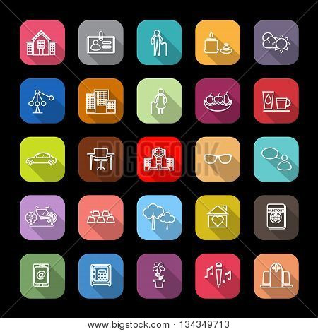 Retirement community line icons with long shadow stock vector