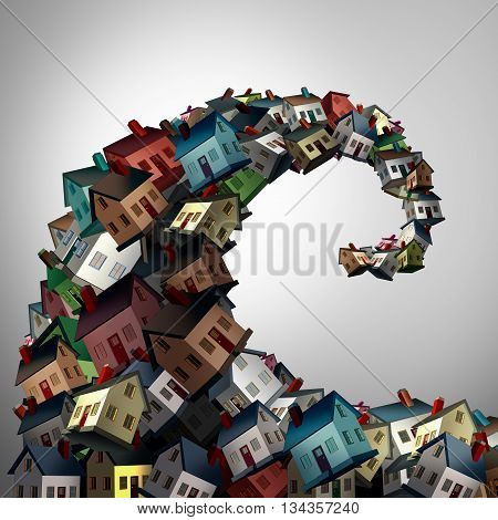 Housing crisis concept as a group of family homes shaped as an ocean wave as a real estate or residential property metaphor for risk and debt danger as a 3D illustration.