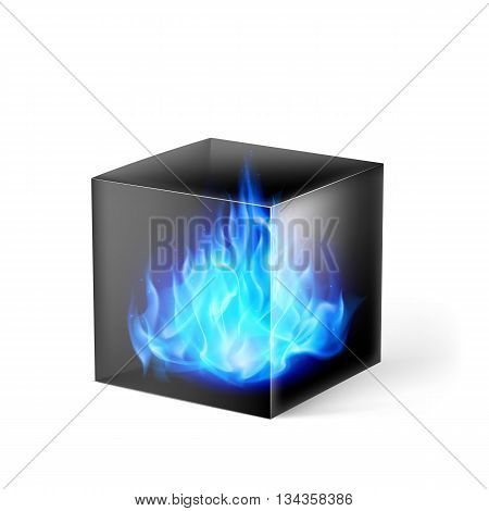 Black cube with blue fire flames inside on white