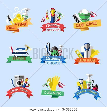 Cleaning emblem set with ribbons and descriptions of clean time cleaning service cleaning house vector illustration