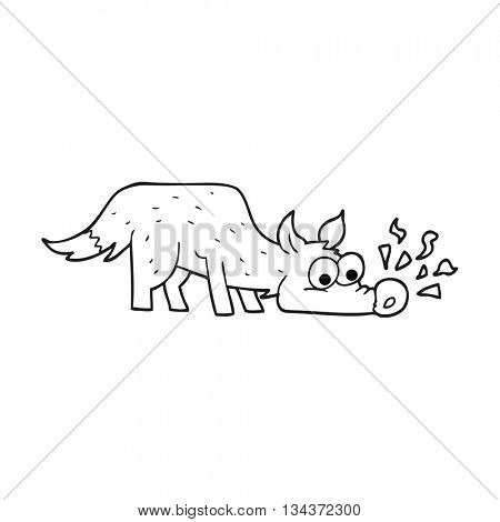 freehand drawn black and white cartoon dog sniffing 