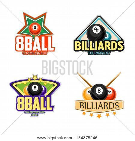 Billiard logo set. Billiards, pool and snooker sport icons for poolroom emblems design with balls, cues, tables. Vector illustration.