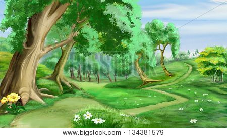 Digital Painting Illustration of a path near the forest in Realistic Cartoon Style