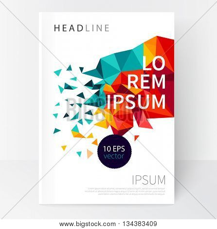  White cover Brochure design. Flyer, booklet, annual report cover template. modern Geometric rainbow, multicolor, bright Abstract background.Scatter triangles. vector-stock illustration
