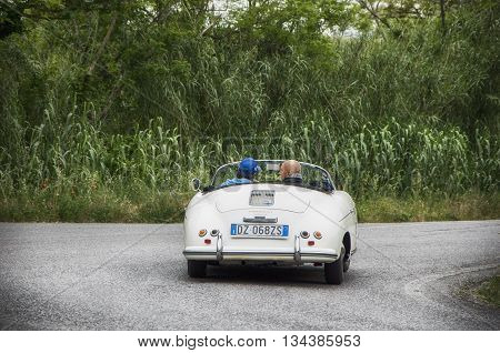 ITALY MILLE MIGLIA 2015  PESARO, ITALY - MAY 15: PORSCHE 356 1500 Speedster 195 on an old racing car in rally Mille Miglia 2015 the famous italian historical race (1927-1957) on May 2015