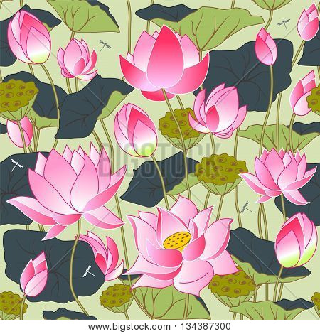 blooming pink lotus flowers leaves buds and lotus flowers seamless vector background