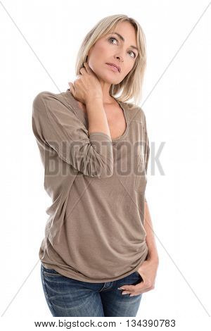 Thoughtful and sad isolated middle aged woman over white background in portrait.