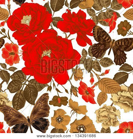 Seamless vector pattern with roses peonies bindweed wild rose butterfly. Design of flowers leaves insects vintage style. Illustration of floral decoration gold on a white background.