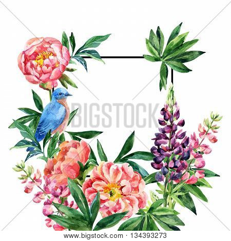 Watercolor garden flowers card. Lupin peony flowers bluebird with black square frame on white background. Hand painted illustration with paper texture