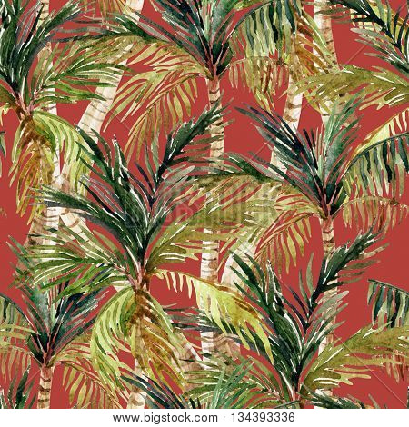 Watercolor palm tree seamless pattern. Tropical palms on red background. Hand painted illustration