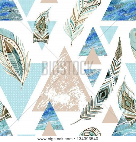 Abstract grunge geometric seamless pattern with decorative feathers. Triangles with marble grunge textures. Abstract geometric background in retro vintage 80s or 90s. Hand painted boho illustration