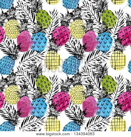 Colorful pineapple with watercolor and grunge texture seamless pattern. Watercolor stain paint splatter. Abstract watercolor pineapple shape grunge palm leaves in pop art style. Summer background