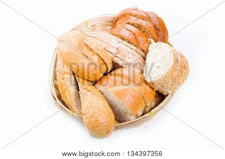 Bread In A Wicker Breadbasket On White Background