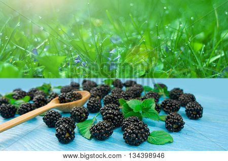 blackberries on a blue wooden table against the background of nature. selective Focus