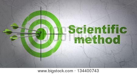 Success Science concept: arrows hitting the center of target, Green Scientific Method on wall background, 3D rendering