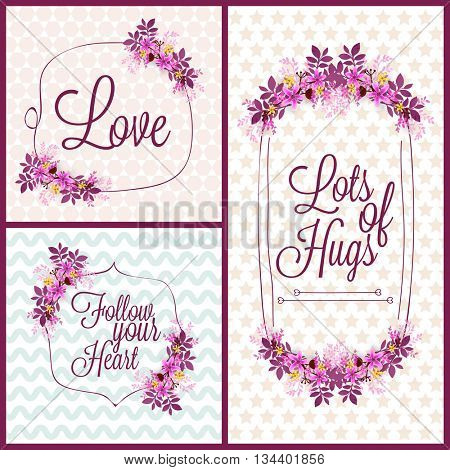 Beautiful flowers decoated, Love Cards set with creative typographic collection for Valentine's Day, Wedding, Birthday Party etc. celebration.