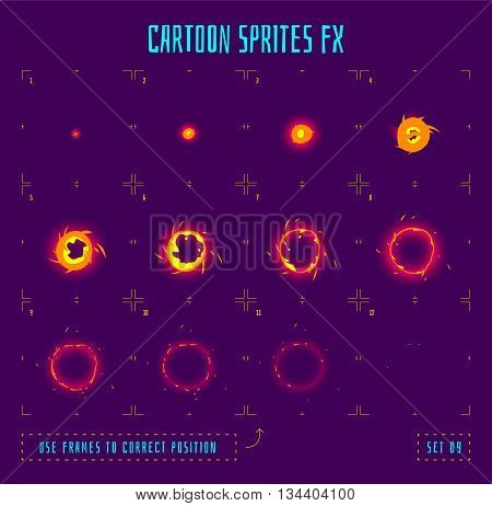 Energy ring explosion sprites or animation frames icons. Use in game development, mobile games or motion graphic. Vector illustration.