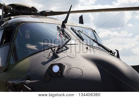 BERLIN / GERMANY - JUNE 3 2016: tactical troop helicopter NH90 from nato helicopter industries stands in berlin germany on june 3 2016.