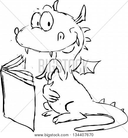 dragon reading in book cartoon - vector illustration sketch
