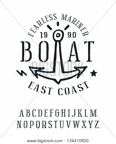 Stencil-plate serif font with rough edges. Graphic design for t-shirt. Isolated on white background