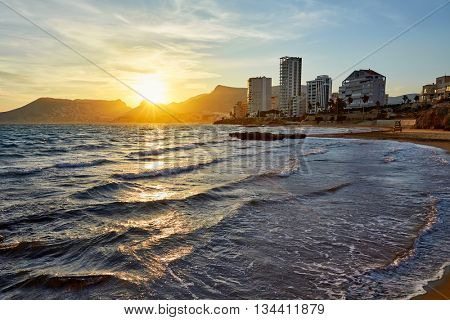 Calpe sunset in Mediterranean in cantal roig beach of spain