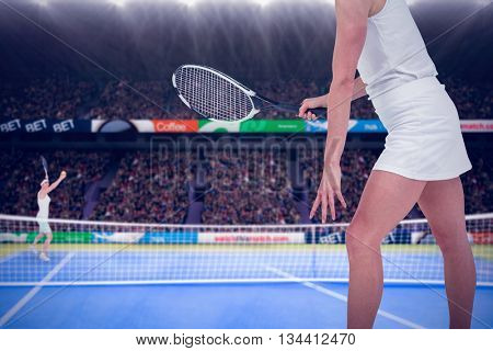 Athlete playing tennis with a racket against composite image of tennis woman playing on court