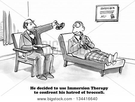 Mental health cartoon about broccoli immersion therapy.
