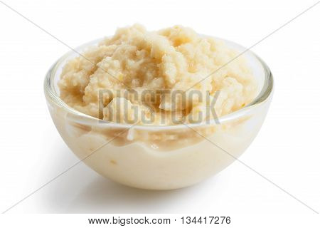 Horseradish Sauce In Small Glass Bowl In Perspective On White.
