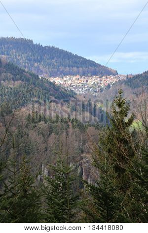Outlook To The Town Of Bernbach, Black Forest, Baden-wurttemberg, Germany. Below Falkenstein, A Rock