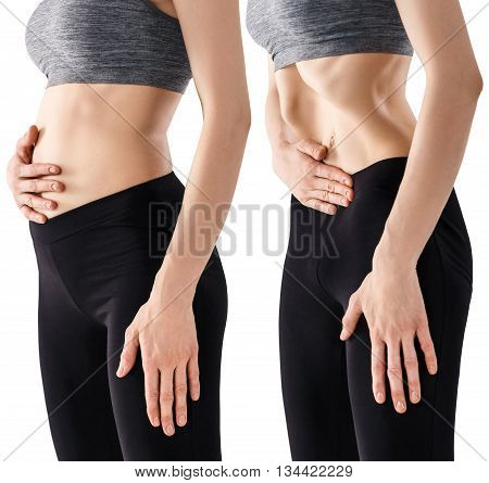 Sporty beautiful young woman practicing Uddiyana Bandha technique isolated on white